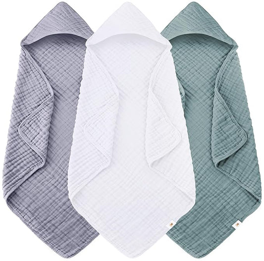 Sunny zzzZZ Muslin Hooded Baby Bath Towels - 3 Pack 100% Cotton Soft Low-Saturation Pastel Towels Including Classic White for Newborns, Infants, Toddlers - 32x32 Inch - Green, Grey and White
