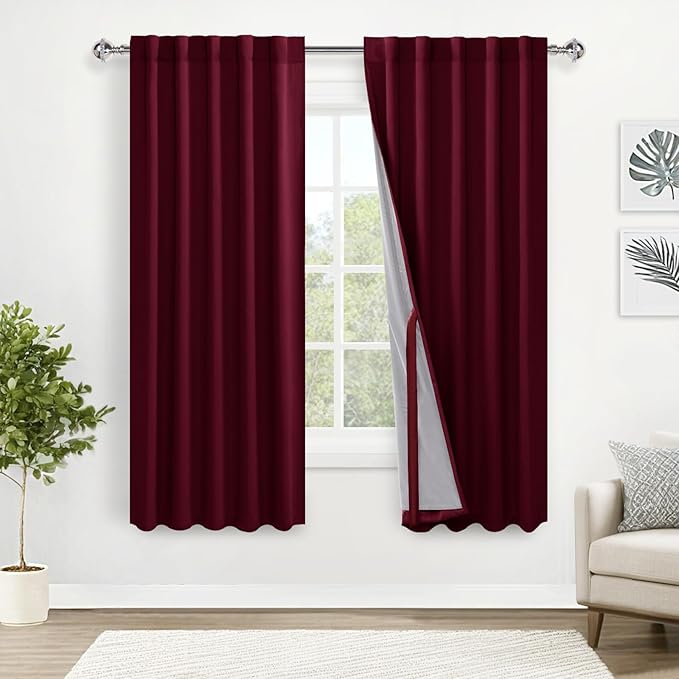 XWZO 100% Blackout Curtain Panels - Rod Pocket & Back Tab Thermal Insulated, Noise Reducing and Heat Blocking Drapes for Hall and Studio Windows with Tiebacks, Burgundy, W42 x L63, Set of 2