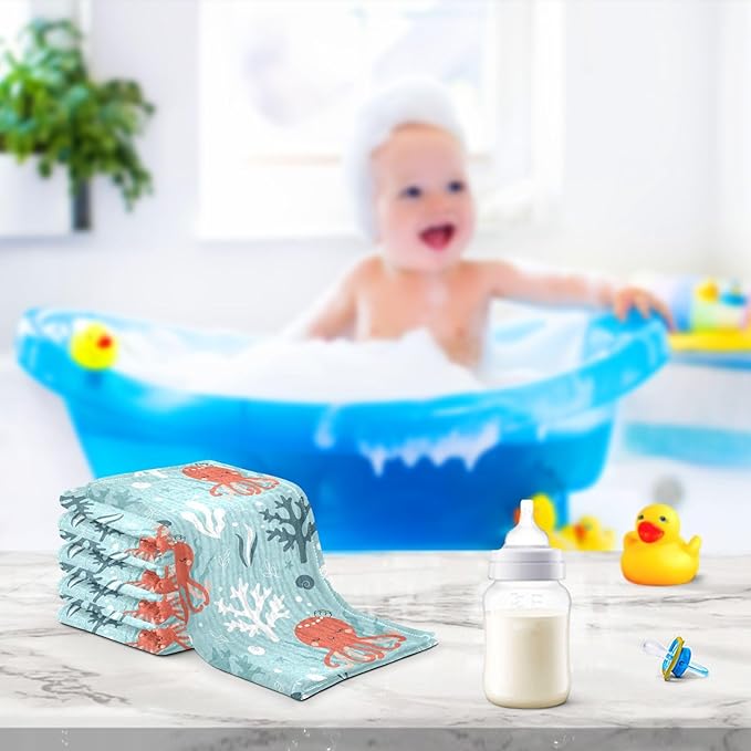 vvfelixl Baby Muslin Washcloths Octopus Swimming Underwater Baby Burp Cloths Cotton Baby Face Towel for Newborn Infants Boys Girls Soft and Absorbent 11.8 X 11.8 in, 3 Pack
