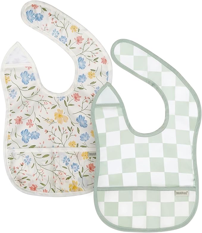 haakaa Waterproof Baby Bibs for Eating, Soft & Lightweight Toddler Bibs with Food Pocket, Easy Wipe Clean, Ages 6–24M, 2 Pack