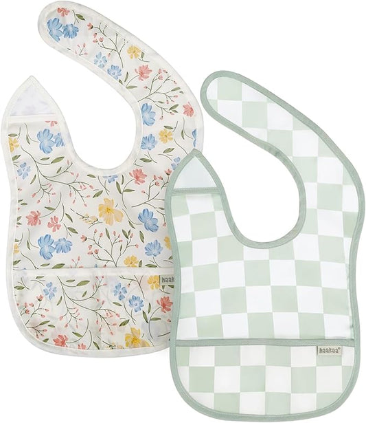 haakaa Waterproof Baby Bibs for Eating, Soft & Lightweight Toddler Bibs with Food Pocket, Easy Wipe Clean, Ages 6–24M, 2 Pack