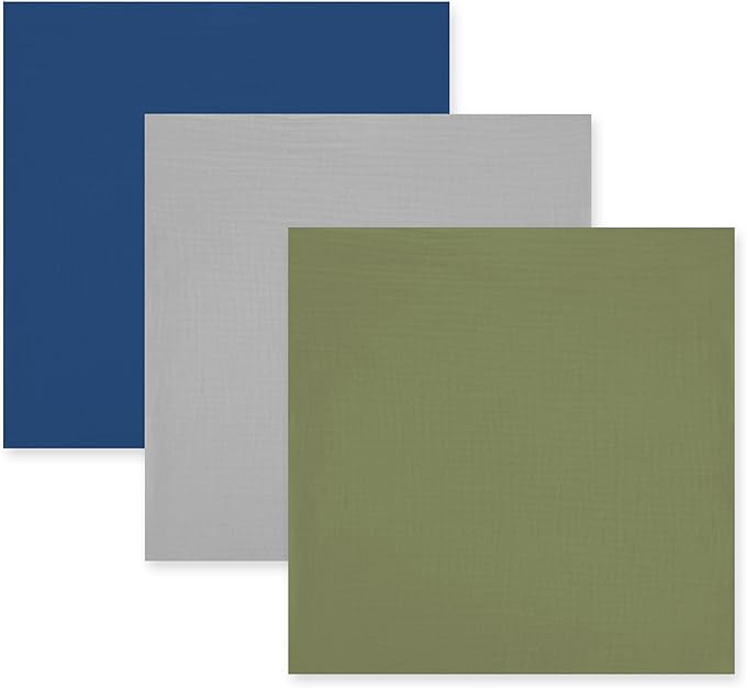 3-Pack 100% Cotton Muslin Swaddle Blankets, Large 47 x 47 Inches — Breathable Soft Receiving Blankets for Newborns, Swaddling Wraps, Registry Gift (Classic Blue & Gray)