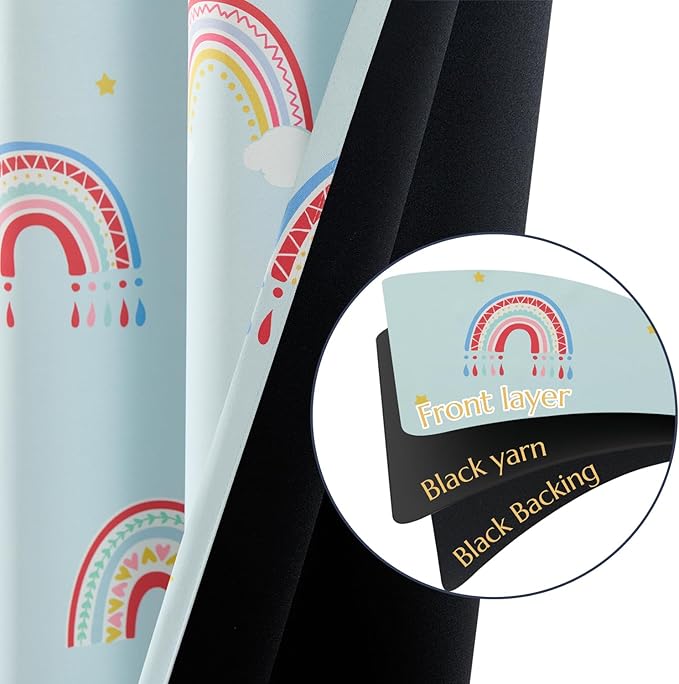 Vangao Easter Boho Girls 100% Blackout Curtains Pastel Blue for Kids Room 63 Inch Length, Rainbow Window Drapes for Living Room Nursery Thermal Insulated Room Darkening Bedroom Grommet 2 Panels