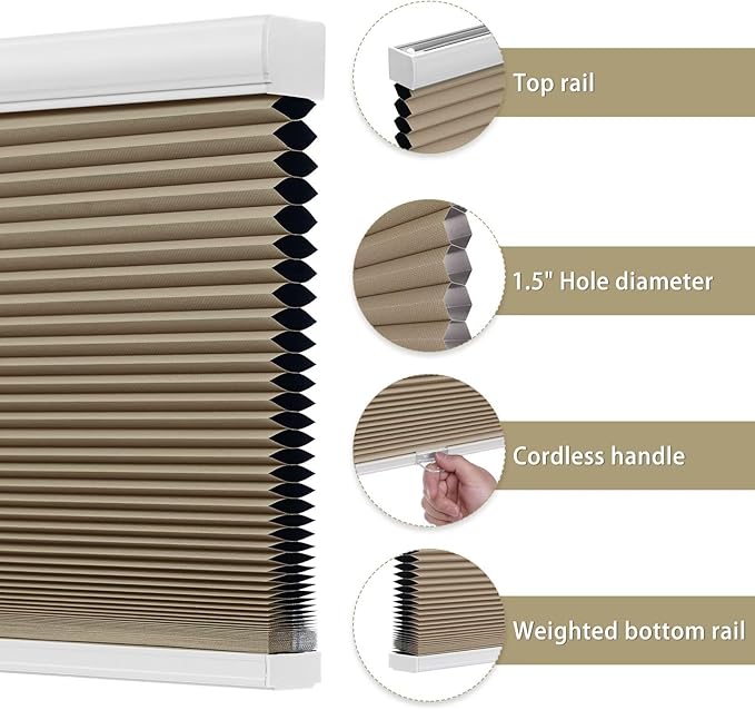 Changshade Cordless Blackout Cellular Shades for Indoor Windows Doors, Black Out Room Darkening HoneyComb Blinds Thermal Insulated 1.5 Inch Cell for Home, Bedroom, Bathroom, Nursey, 34"W×64"H, Brown