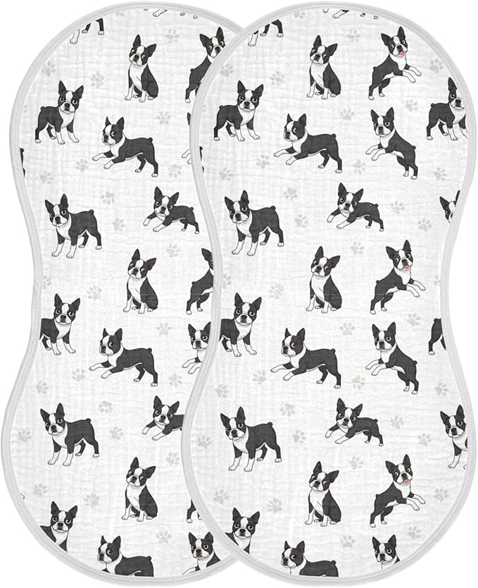 Qinllo 2 Pack Muslin Burp Cloths Boston Dogs Paw White Cotton Baby Burp Cloths Ultra Absorbent Soft Thick Burping Cloth for Baby Boys Girls 22x11 Inch