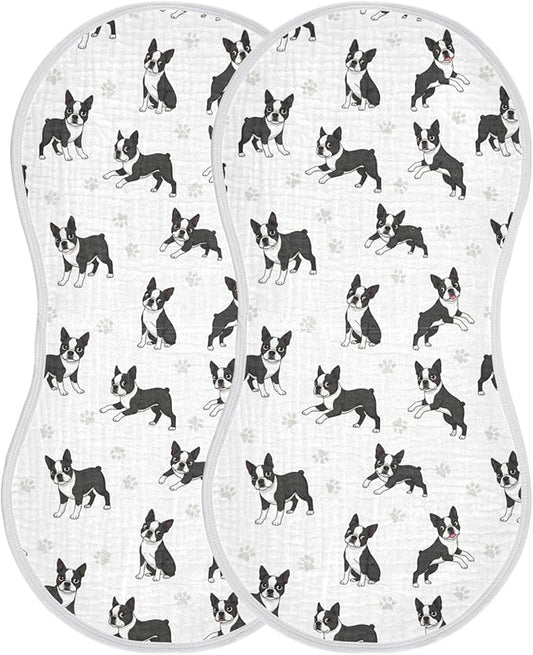 Qinllo 2 Pack Muslin Burp Cloths Boston Dogs Paw White Cotton Baby Burp Cloths Ultra Absorbent Soft Thick Burping Cloth for Baby Boys Girls 22x11 Inch