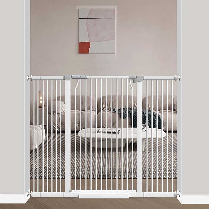 40.5" Extra Tall Baby Gate No Drill, 49.2"-54.7" Extra Wide Dog Gate Indoor, Pressure Mounted Safety Child Gate, Auto Close Pet Gate for Stairs Doorways Walk Through, White