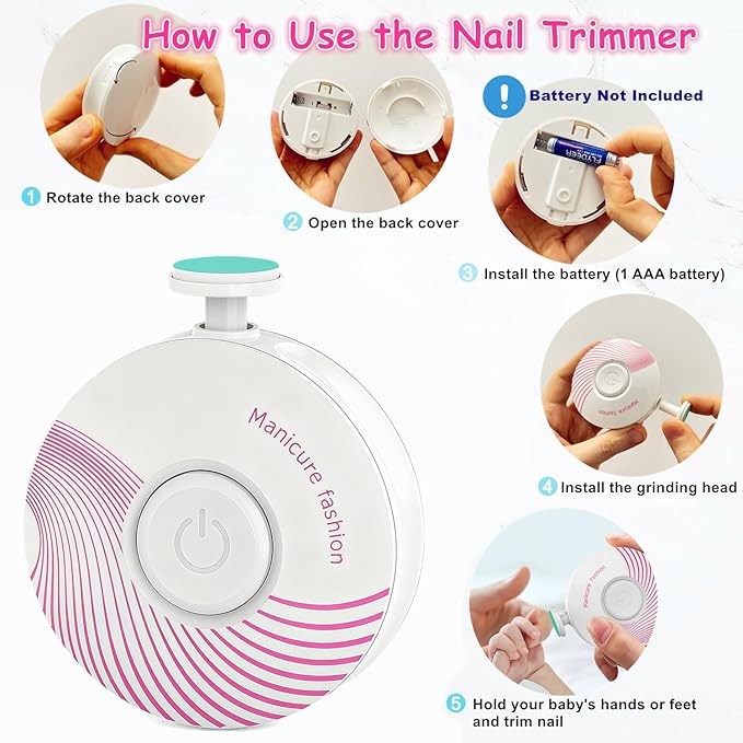 Electric Baby Nail Trimmer, Baby Nail File, Safe Baby Nail Clippers, 6 Grinding Heads Queit Baby Nail Polish Grooming Kit for Newborn Infant Toddler Adult Battery Operated (Not Included)