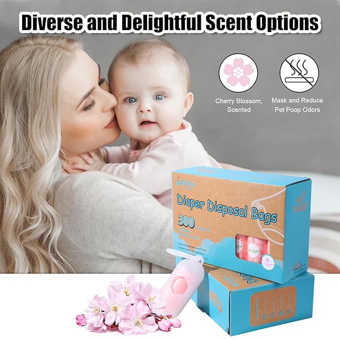 USBOO Disposable Diaper Bags for Baby - 20 Refill Rolls (300 Pack), Disposable Trash Bag with Dispenser - Cherry Blossom Scented, Pink, Ideal for Diaper Dispoal
