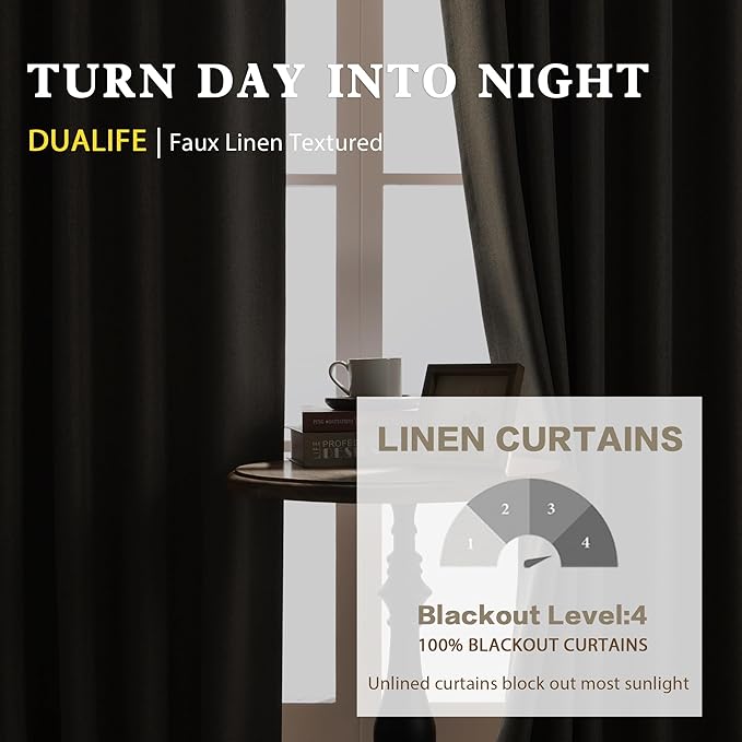 DUALIFE Chocolate Brown Blackout Curtains 96 Inches Long 2 Panels, Faux Linen Textured Pleated Look Vertical Blinds Window Curtains Drapes for Patio Sliding Glass Door Privacy Draperies 72x 96 Inch