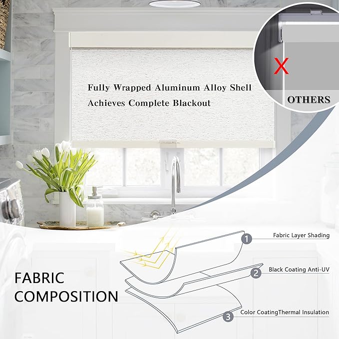 AOSKY Blackout Roller Shades Cordless Blinds for Windows, Free-Stop Shades with Valance, Thermal Insulated Fabric, UV Protection, Blinds for Home and Office (32" W x 72" H, Linen Beige