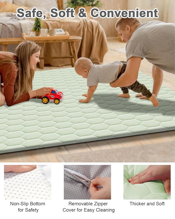 Premium Foam Baby Play Mat 50" x 50" with Removable Cover, Extra Thick Padding Playpen Mat, Non-Slip Floor Mat, Stylish & Easy to Clean for Crawling Baby, Infants & Toddlers, Green