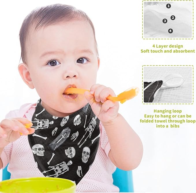 vvfelixl Baby Washcloths Cotton Creepy Skull Baby Muslin Washcloths Soft Baby Face Towel for Newborn Infants, 11.8 X 11.8 Inch, 3 Pack Black