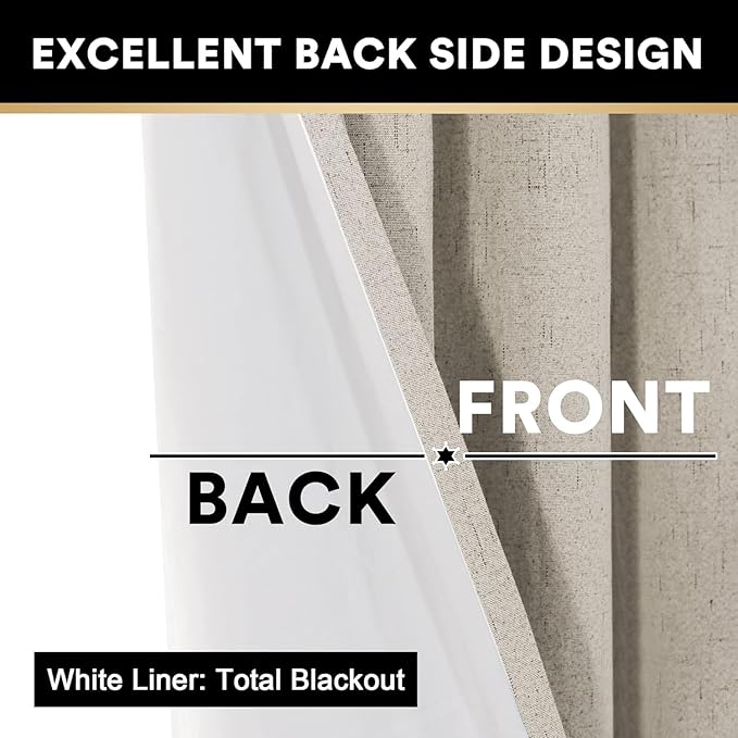 PrinceDeco Linen 100% Blackout Curtains for Bedroom/Living Room Reduce Noise Light Blocking Window Curtains Drapes for Boho Home Decor, Linen Look Fabric with White Liner (52 x 90 Inch,Cobblestone)