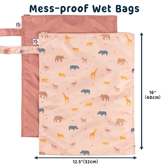 Tiny Twinkle Mess Proof Wet Bags | 2-Pack Reusable Waterproof Wet Bags for Swimsuits | Baby Clothes | Travel & Diaper Bag (Petite Safari)
