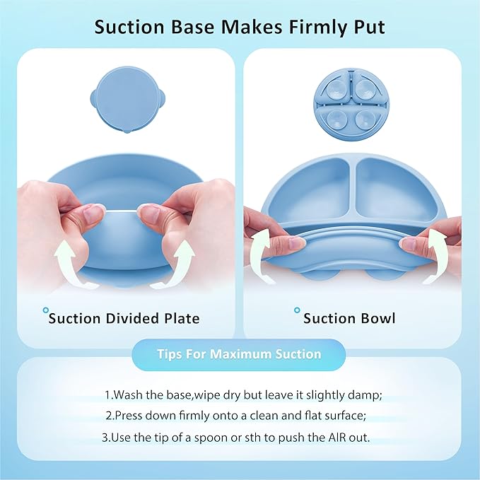 Bufims Silicone Baby Feeding Set, Baby Led Weaning Supplies, Eating Essentials Utensils with Suction Plate and Bowl, Pocket Bib, Sippy Cup with Lid, Forks Spoons Snack Container, for 6+ Months, Blue