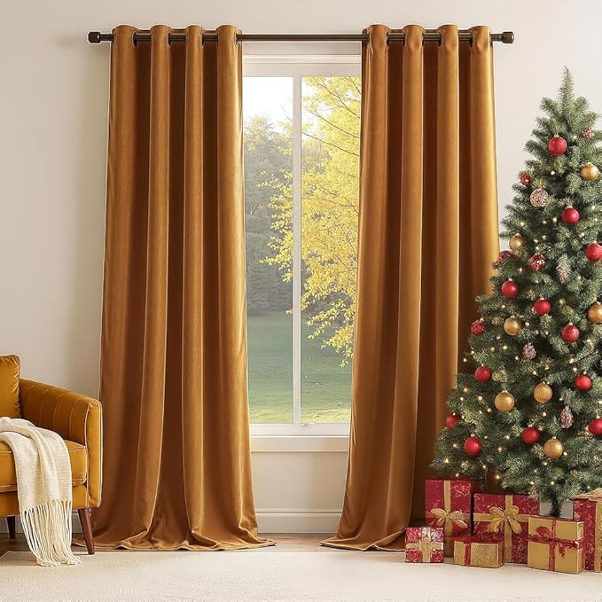 Topfinel Velvet Curtains 90 Inch Long,Golden Brown Copper Blackout Thermal Nursery Light Blocking Window Curtains for Bedroom,Sound Dampening Privacy Decorative Drapes 2 Panels Holiday Home Decor