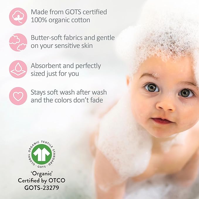 River 10-Pack Baby Terry Washcloths 100% Organic Cotton Absorbent for Baby and Toddler Boys & Girls, Sunny Pink Rainbow, One Size
