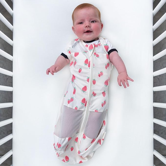 Happiest Baby Sleepea 5-Second Swaddle - 100% Organic Cotton Baby Swaddle Blanket - Doctor Designed Promotes Healthy Hip Development (Ivory Strawberries, Large)