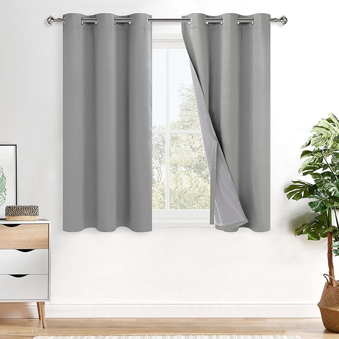 XWZO Full Shading Blackout Curtains 45 Inches Length with Tiebacks- Heat and Light Blocking Ring Top Window Drapes with Black Liner Backing for Bedroom/Kid's Room, Light Grey, W42 x L45, Set of 2