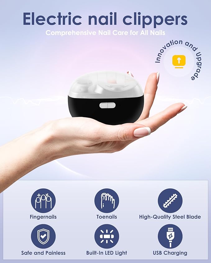 Electric Nail Clipper Upgraded 3 in 1 Automatic - with Polishing, Dust Storage & LED Light, Nail File Toenail Trimmer, Gifts for Women Men Mom Her Him Kids Adults Senior Baby Teacher Students (Black)