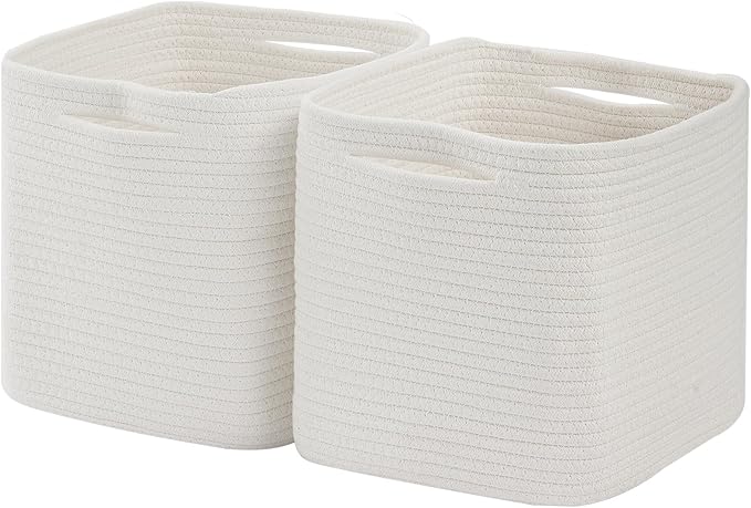 Cube Storage Bin 11" x 10.5" x 10.5" Cotton Rope Basket Square Woven Storage Basket for Shelves, Closet Organizer, Soft Towel Sock Basket, White, 2 Pack