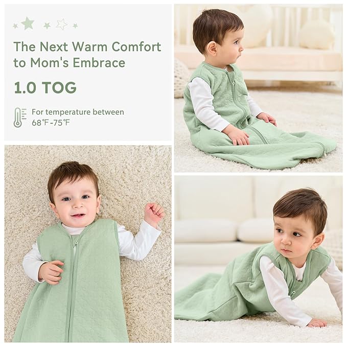 Unnivoll Baby Sleep Sack 18-24 Months 1.0 Tog Baby Wearable Blanket Cotton Sleeping Sack Quilted Baby Sleep Bag with 2-Way Zipper for Toddler Infant Green