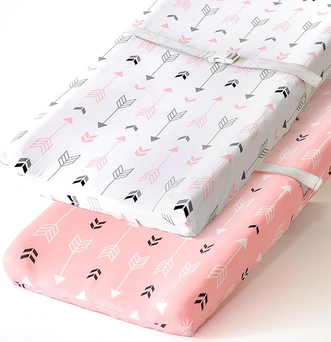 Stretchy Changing Pad Covers BROLEX 2 Pack Jersey Knit Changing Table Covers for Girls Boys,Pink & White Arrow