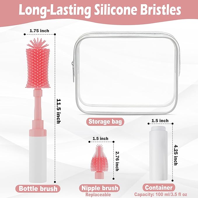 ZTX Self-Foaming Silicone Baby Bottle Brush Set - One Press Creates Rich Foam, Cleans Bottles, Breast Pump Parts & Nipples, Includes Detachable Brush & Travel Storage Bag, Pink