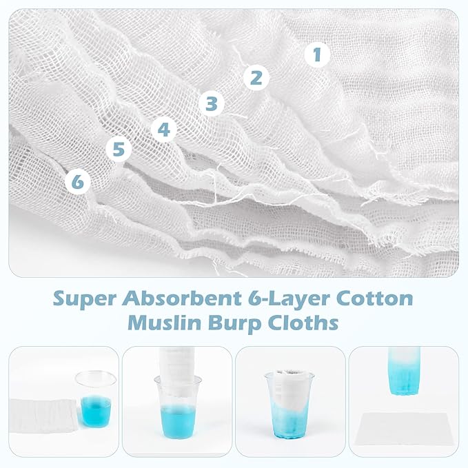 Maliton Muslin Burp Cloths for Baby 6 Pack Large 20''x10'' 100% Cotton Burp Cloths Absorbent and Soft 6 Layers Muslin Baby Stuff for Newborn Unisex(White, Pack of 6)