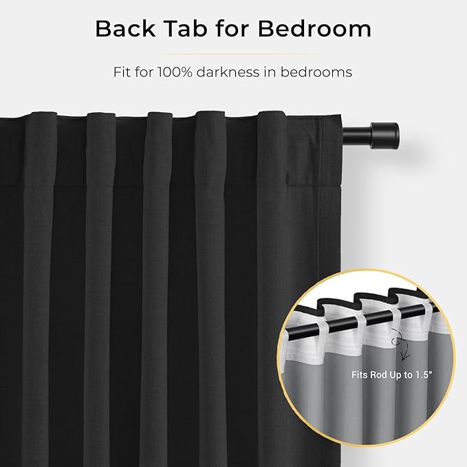 INOVADAY 100% Blackout Curtains for Bedroom, Black Out Curtains 84 Inch Long, Clip Rings Linen Blackout Drapes, Thermal Insulated Room Darkening for Living Room, 1 Panel - Black,W102xL84
