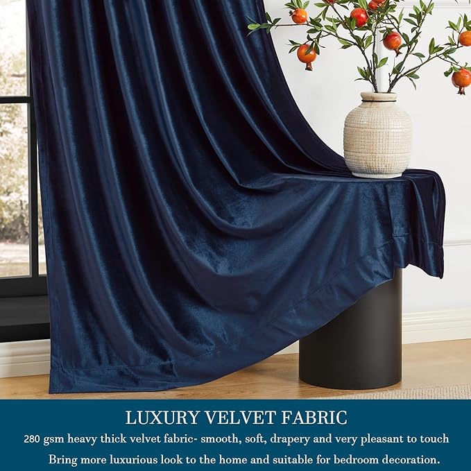 PRIMROSE Navy Blue Velvet Curtains 72 inch Long for Living Room,Set of 2 Panels Blackout Rod Pocket Back Tab Window Treatment Room Darkening Heavy Decorative Curtains Drapes for Bedroom
