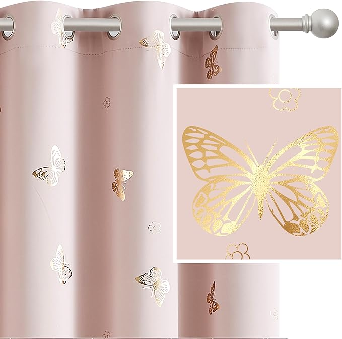 Jubilantex Pink Gold Butterfly Blackout Curtains 84 Inches Long with Black Layer Thermal Insulated Window Curtains Grommet Top for Bedroom Girls Room
