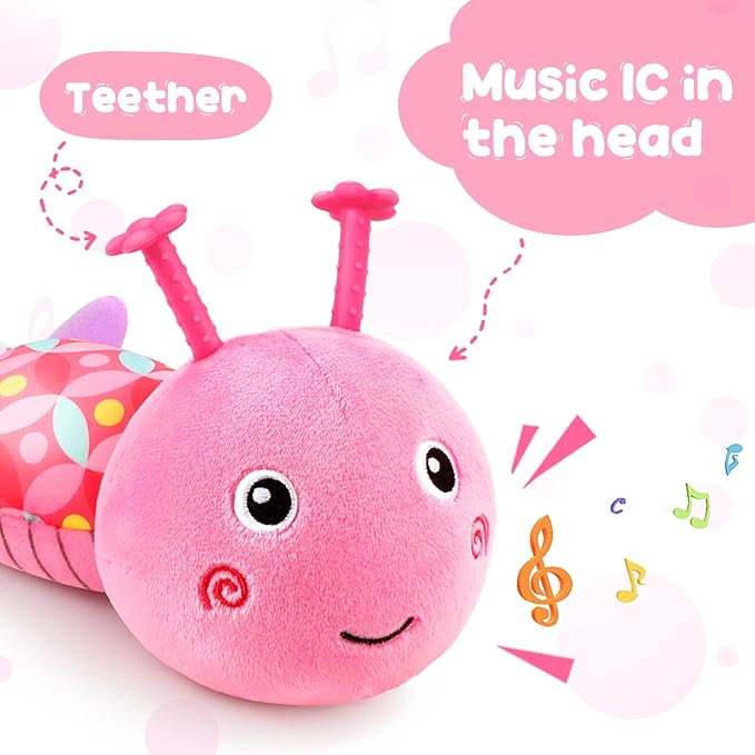 Baby Toys Musical Caterpillar, Infant Stuffed Animal for 0-6 6-12 Months with Crinkle and Rattles, Tummy Time Sensory Toys Newborn Boys Girls Gifts 0 3 6 9 12 Months - Pink