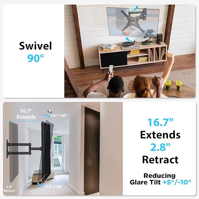 Full Motion TV Wall Mount,Swivel Tilt Extension with Articulating Arms,Tvs Brackets for Wall Mount with VESA 400x400mm up to 66lbs Max,Universal TV Mount for 19-55 inch LED Monitors Flat Screen.