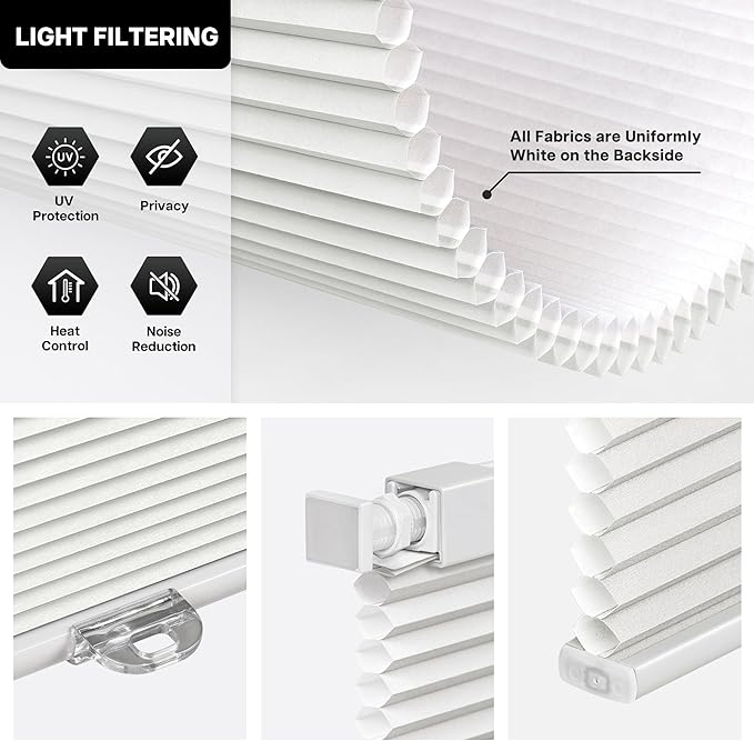 LazBlinds Cordless Cellular Shades, No Tools No Drill Light Filtering Honeycomb Shades Pleated Blinds for Windows, 30'' W x 48'' H, Light Grey