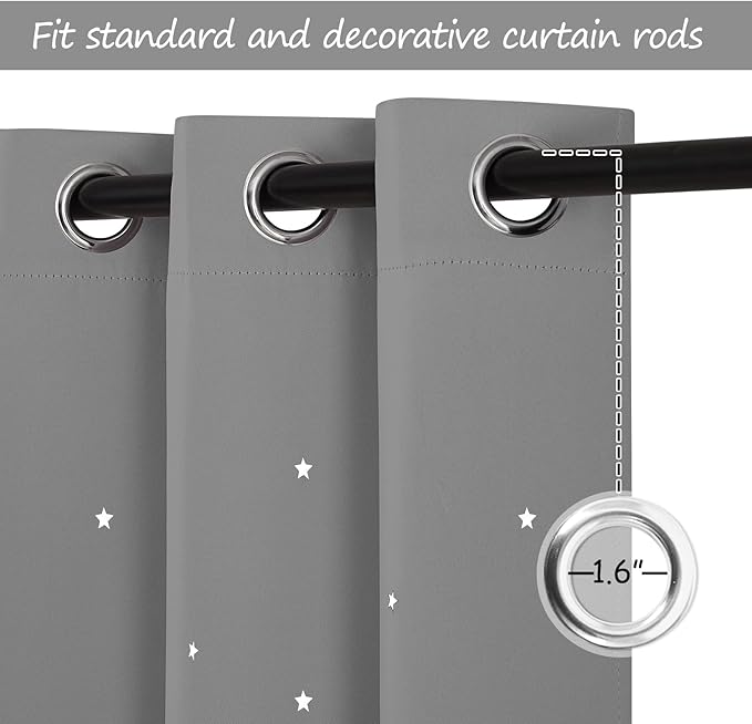NICETOWN Cut Out Stars Curtains for Girls Bedroom, Blackout Thermal Insulated Grommet Top Window Curtains Drapes for Kids Room Nursery, 2 Panels, 52 x 63 Inches, Silver Grey