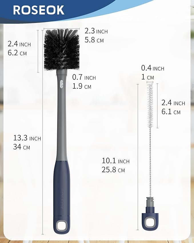 ROSEOK 2 in 1 Long Handle Bottle Brush with Straw Brush for Cleaning Glass, Sports Bottle, Coffee Mug, Gray, 1 Pack