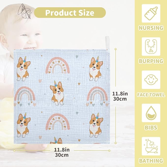 vvfelixl Corgi Hearts Rainbows Baby Burp Cloths Baby Muslin Washcloths for Boys Girls Cotton Baby Face Towel for Newborn Infants Soft and Absorbent 11.8 X 11.8 in, 5 Pack