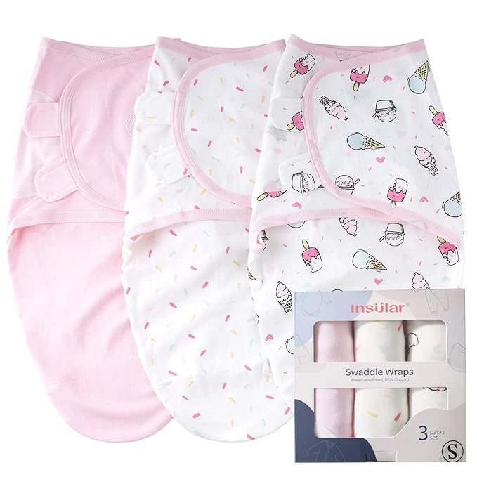 insular Baby Swaddle Wrap, Swaddle Blanket for Newborn and Infant, Adjustable Swaddling Set for Boy and Girl, Soft Cotton Baby Sleep Sack 3 Pack, Ice Cream, Medium(3-6 Month)