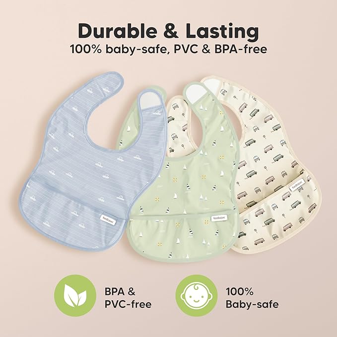 3-Pack Waterproof Baby Bibs for Eating - Lightweight Toddler Feeding Bibs with Large Food Catcher, Mess Proof, Food-Grade Baby Eating Essentials, Easy to Put On & Clean (Marine Muse)