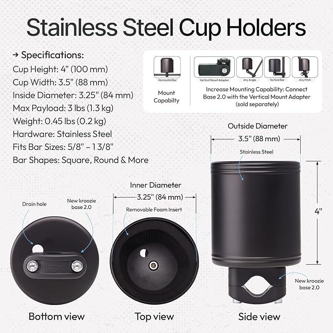 Kroozie 2.0 Bicycle Cup Holder - The Ultimate Bike Cup Holder for Beach Cruisers, E-Bikes, Scooters, Strollers – A premium stainless steel handlebar drink holder that lasts