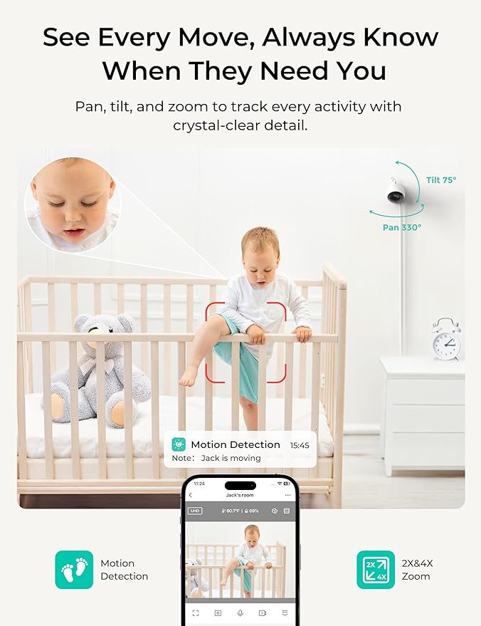 Dr.Care VistaView Lite Smart WiFi Baby Monitor with 2 Cameras- 4” 720P Split Screen & 1080P Camera App Control, Motion Alerts, Night Vision, 3000mAh Battery, 2-Way Talk, Triple Security, 1000ft Range