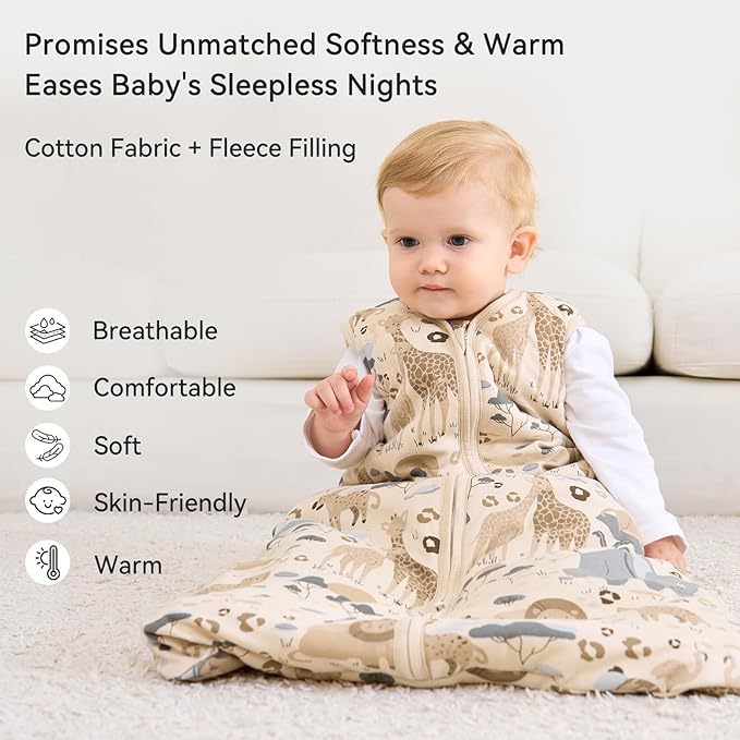 Unnivoll Baby Sleep Sack 12-18 Months TOG 2.5 Winter Baby Wearable Blanket, 100% Cotton Toddler Sleeping Sack with 2-Way Zipper Warm Soft Apricot Zebra