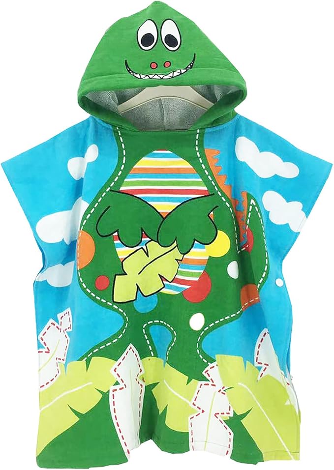 BANGSAUR Kids Hooded Towel Bath Beach Soft Cotton Towels Boys Absorbent Pool Wrap with Hood Baby Toddler Poncho Robe(Green Dinosaur,3-4Years/Height:33"-43")