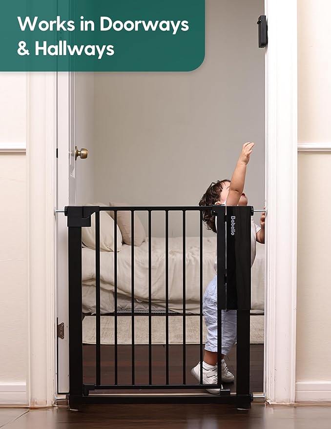 Babelio Smart Baby Gate with Auto-Unlock/Close, Pressure Mounted No Drill for Doorways/Top of Stairs. Pet/Dog Door Wide Walk Thru w/Infrared Sensor & Instant Safety Alert (Black, 26.3-37.8" W, 30" H)