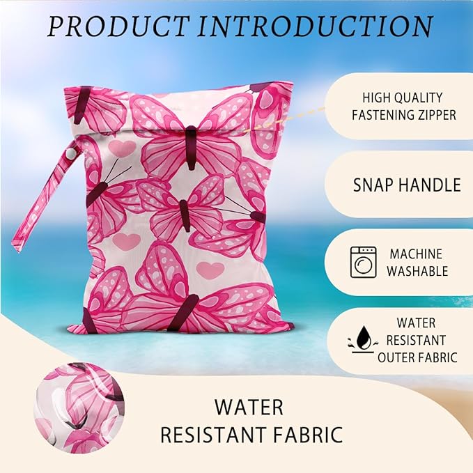 Butterfly Wet Bags 12x10 Inch, Pink Heart Waterproof Wet Dry Bags, Reusable Washable Travel Laundry Bag for Swimsuit Beach Diapers Dirty Yoga Gym Clothes, Butterfly Gifts for Women Friend Travelers