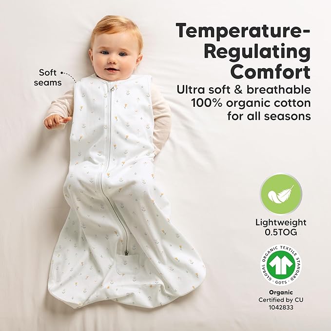 2-Pack Baby Sleep Sacks, Zipper Wearable Blanket - 0.5TOG Organic Cotton, Lightweight,Soft Cozy Infant Sleeping Sack 3-6 months, Easy to Wear Small Newborn Transition Swaddles Sleepsacks (Wildflowers)