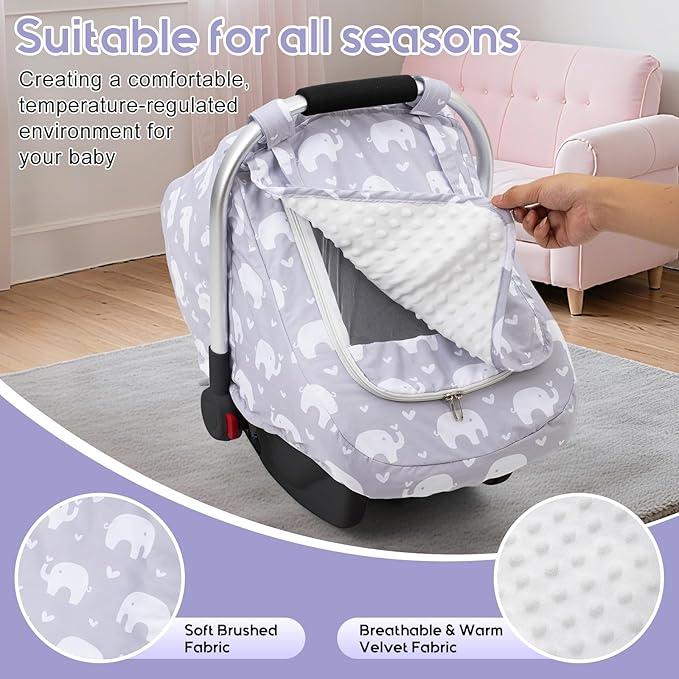 Baby Car Seat Cover, Mink Dot Infant Car Seat Cover for Girls Boys, Universal Carseat Cover with Mesh Peep Window & Sun Shade, Breathable Baby Carrier Canopy Cover for Spring Autumn