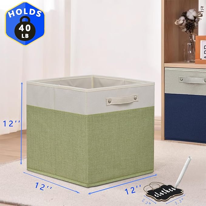 12 x 12 storage cubes,Collapsible Fabric Storage Cubes with Labels 4 Pack,Linen Cube Storage Organizer Bins with Cotton Handles for Home,Nursery,Clothes,Cabinet, Shelves and Closet(White green).
